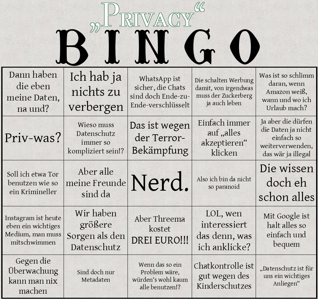 Datenschutz-Bingo; mit freundlicher Genehmigung von @kleinphi@social.tchncs.de